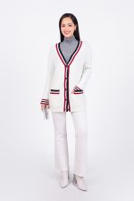 High-quality wool cardigan with deep V-neck and fashionable striped pockets