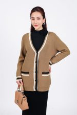 High-quality wool cardigan with deep V-neck and fashionable striped pockets