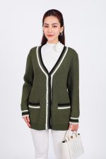 High-quality wool cardigan with deep V-neck and fashionable striped pockets