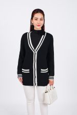 High-quality wool cardigan with deep V-neck and fashionable striped pockets