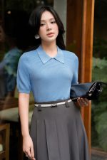 High-quality wool knitted sweater, fashionable loose collar, short sleeves