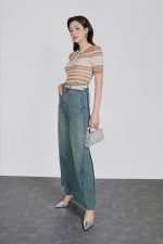 High-quality wool knitted sweater with round neck, fashionable horizontal striped pattern, elastic hem