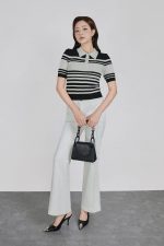 High-quality wool knitted sweater with round neck, fashionable horizontal striped pattern, elastic hem