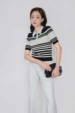 High-quality wool knitted sweater with round neck, fashionable horizontal striped pattern, elastic hem