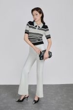 High-quality wool knitted sweater with round neck, fashionable horizontal striped pattern, elastic hem