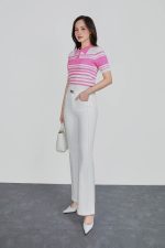 High-quality wool knitted sweater with round neck, fashionable horizontal striped pattern, elastic hem