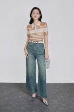 High-quality wool knitted sweater with round neck, fashionable horizontal striped pattern, elastic hem