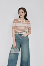 High-quality wool knitted sweater with round neck, fashionable horizontal striped pattern, elastic hem