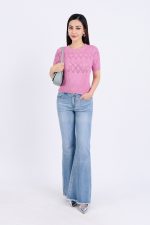High-quality woven sweater with plaid pattern and short sleeves