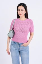 High-quality woven sweater with plaid pattern and short sleeves
