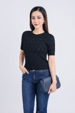 High-quality woven sweater with plaid pattern and short sleeves