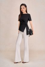 Peplum cotton t-shirt with crew neck, short sleeves and side flap