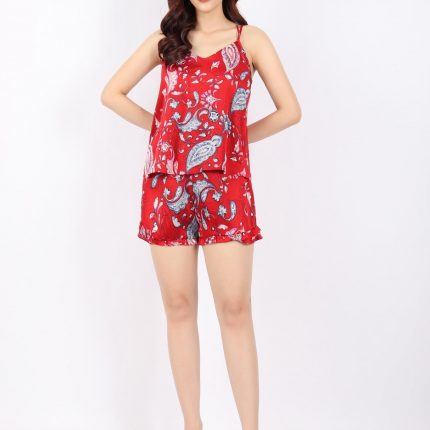 Silk pajamas with a loose shape and a criss-cross back with elastic waistband pants and ruffles