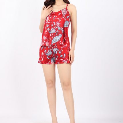 Silk pajamas with a loose shape and a criss-cross back with elastic waistband pants and ruffles