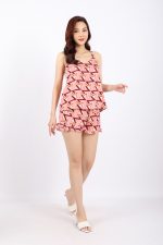 Silk pajamas with a loose shape and a criss-cross back with elastic waistband pants and ruffles