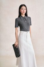 Wool knitted T-shirt with German neckline and styled stone buttons