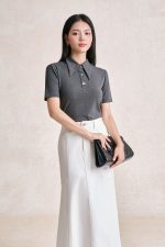 Wool knitted T-shirt with German neckline and styled stone buttons