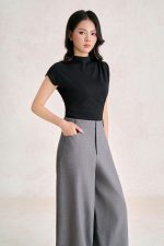 Wool knitted t-shirt with round neck and shoulder sleeves, styled with a shrug